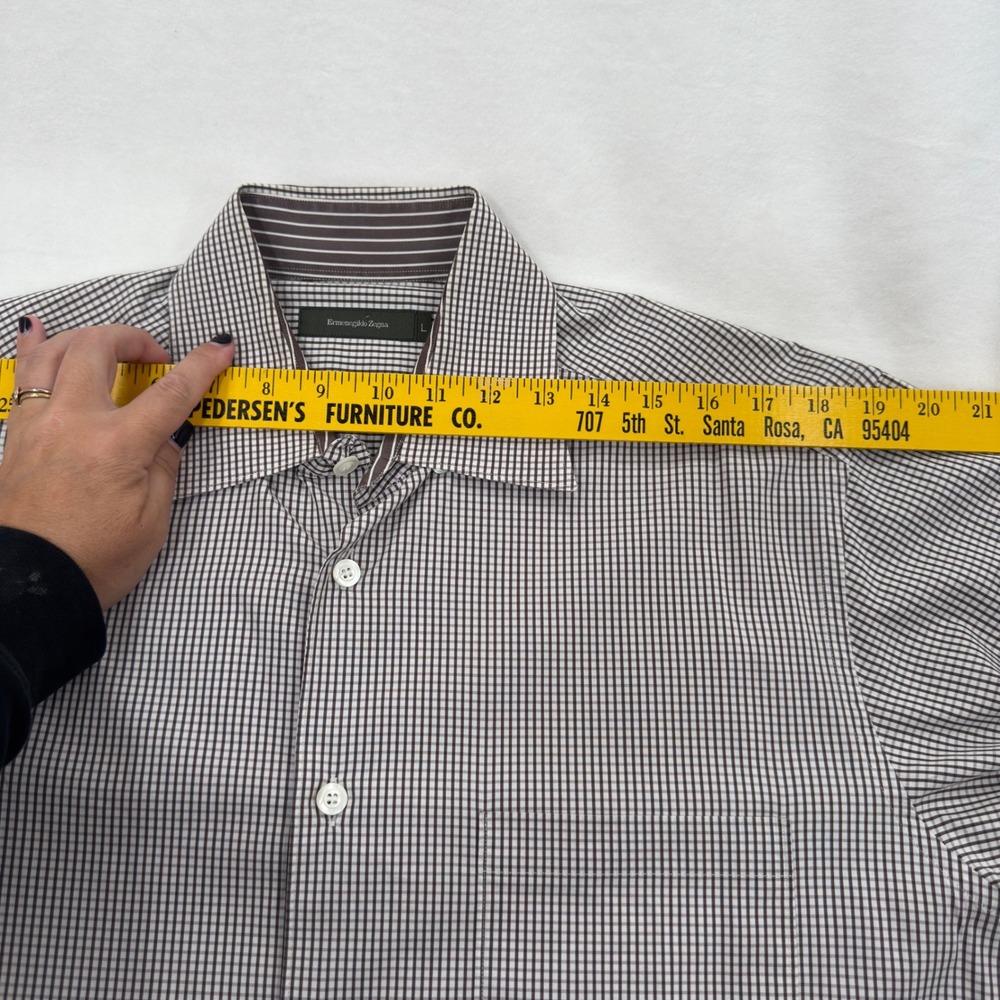 Ermenegildo Zegna Mens Button Down Shirt LRG Brown White Micro Check Office - Picture 4 of 9